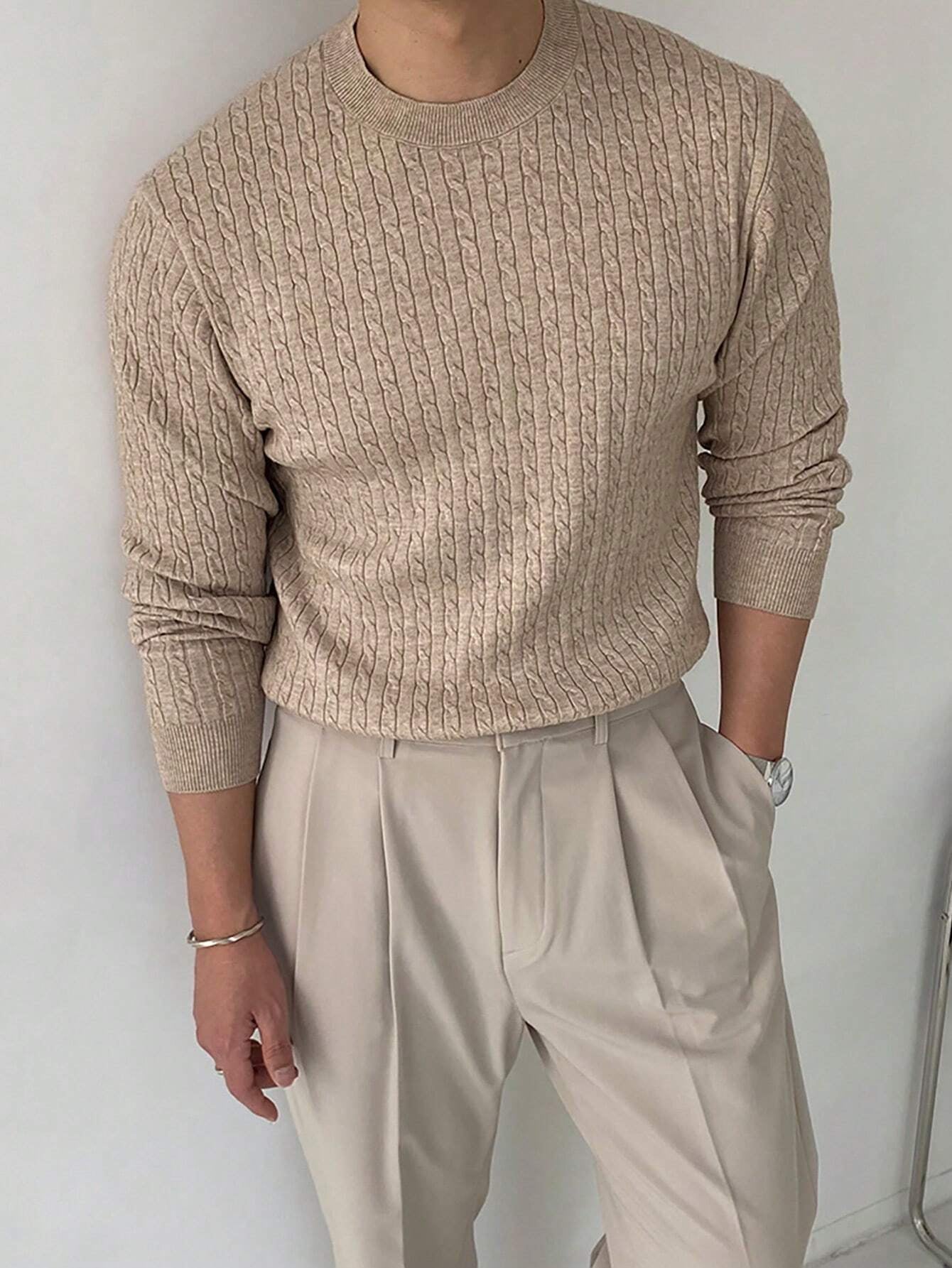 Men Solid Cable Knit Sweater