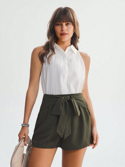 Luneh Solid Knot Front Wide Leg Shorts